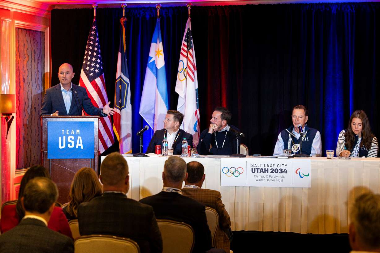 Utah Gov. Spencer Cox speaks during a quarterly meeting of the steering committee for the Organizing Committee for the 2034 Olympic and Paralympic Winter Games held at The Little America Hotel in Salt Lake City on Sept. 24, 2025.