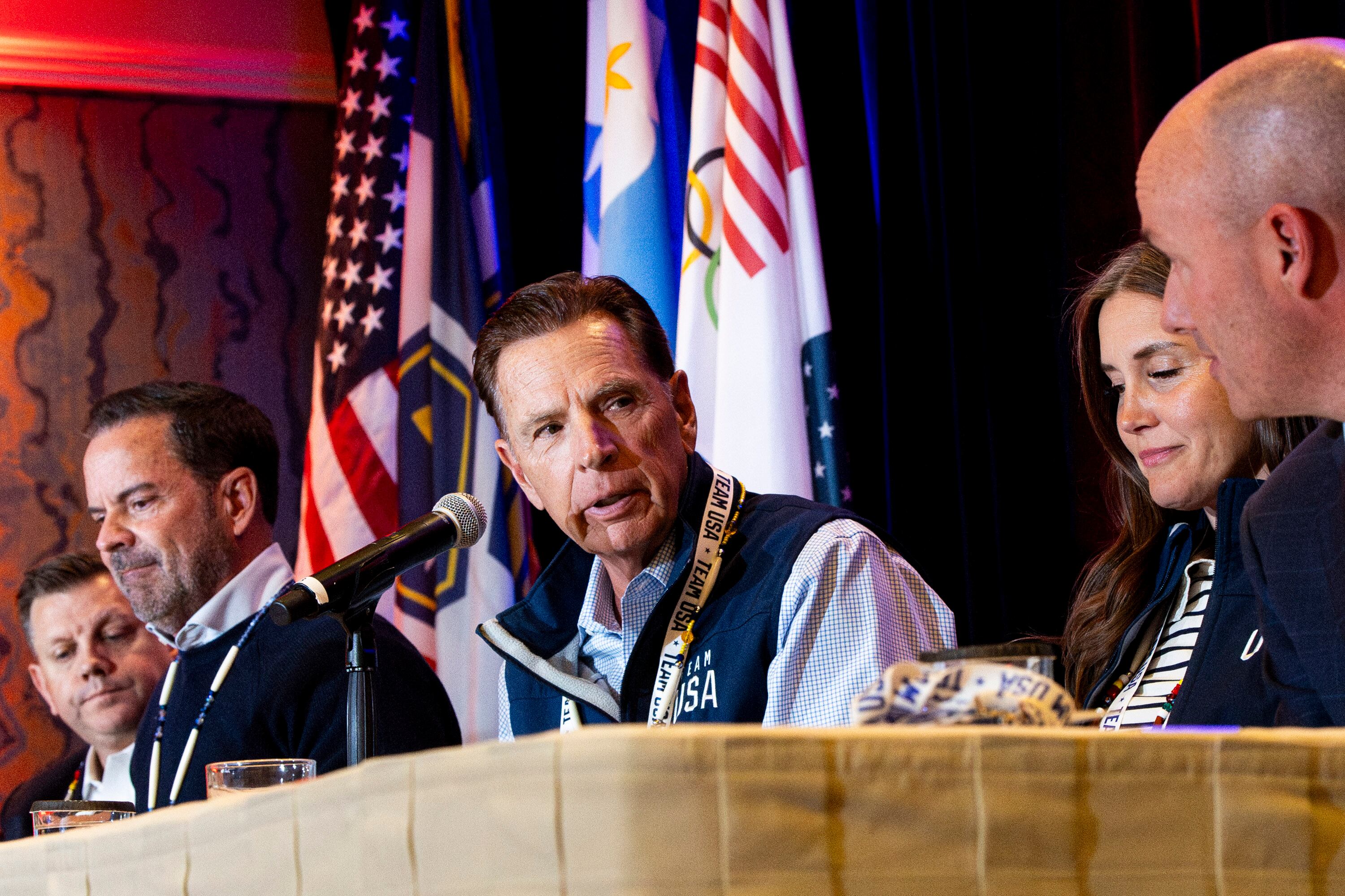 Executive chairman and President Fraser Bullock, center, speaks during a quarterly meeting of the steering committee for the Organizing Committee for the 2034 Olympic and Paralympic Winter Games held at The Little America Hotel in Salt Lake City on Sept. 24, 2025.