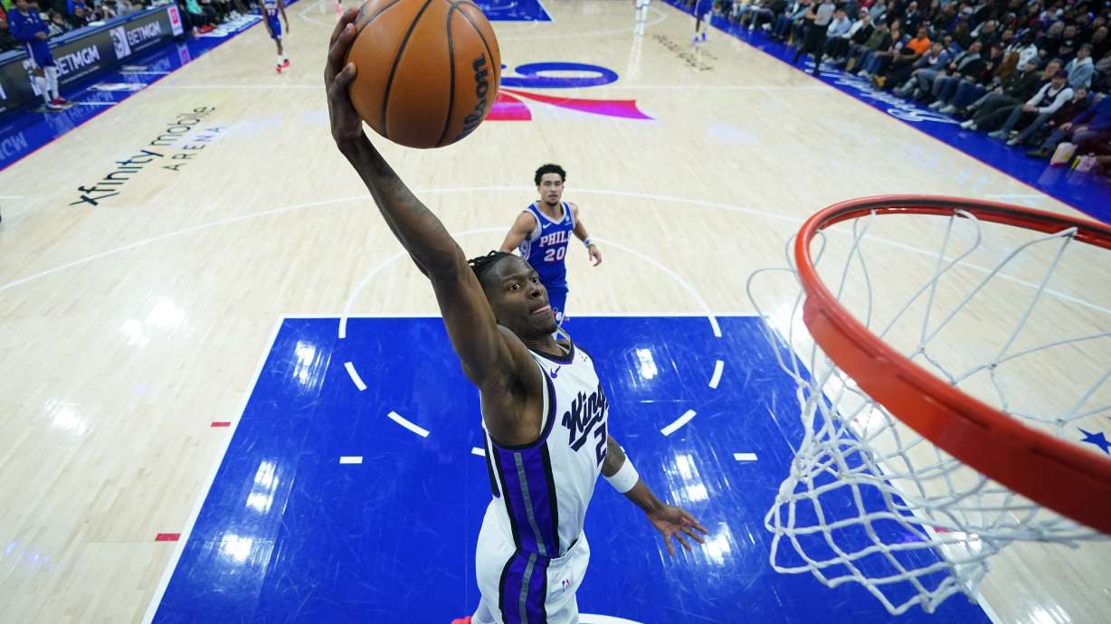 Sacramento Kings' Keon Ellis goes up for a dunk during the second half of an NBA basketball game against the Philadelphia 76ers Thursday, Jan. 29, 2026, in Philadelphia.