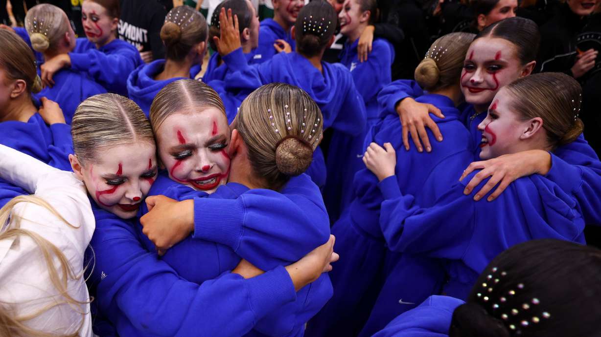 The Pleasant Grove Vikettes celebrate after winning the overall 2026 5A team drill championship at the UCCU Center in Orem on Saturday, Jan. 31, 2026.
