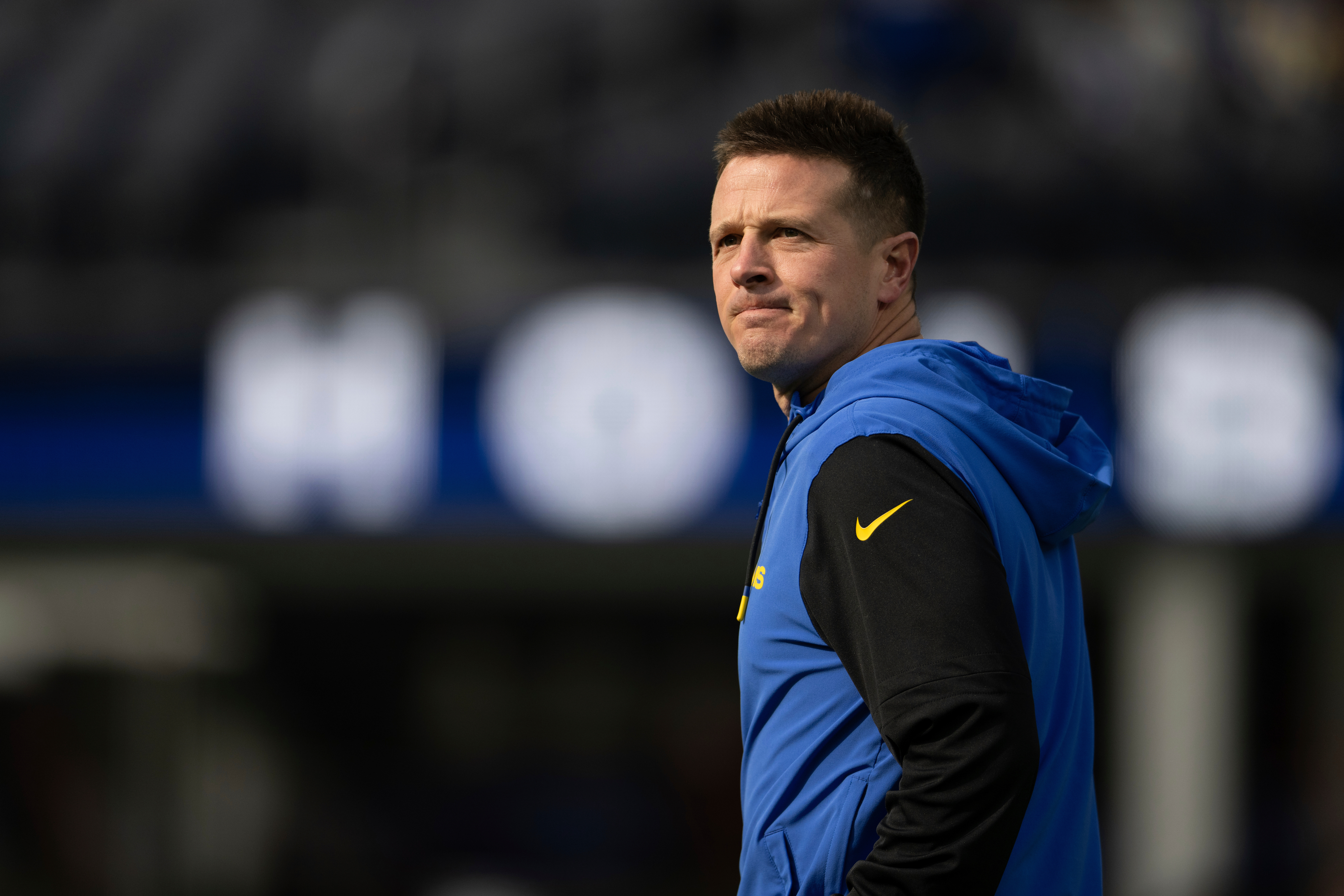 FILE - Los Angeles Rams offensive coordinator Mike LaFleur walks on the field before an NFL football game against the Seattle Seahawks Jan. 5, 2025, in Inglewood, Calif. 