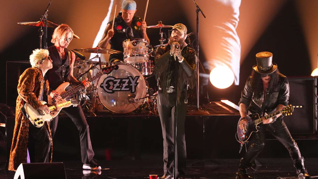 Andrew Watt, from left, Duff McKagan, Chad Smith, Post Malone and Slash perform at the 68th annual Grammy Awards on Sunday in Los Angeles. Post Malone wore a Spanish Fork rodeo hat.