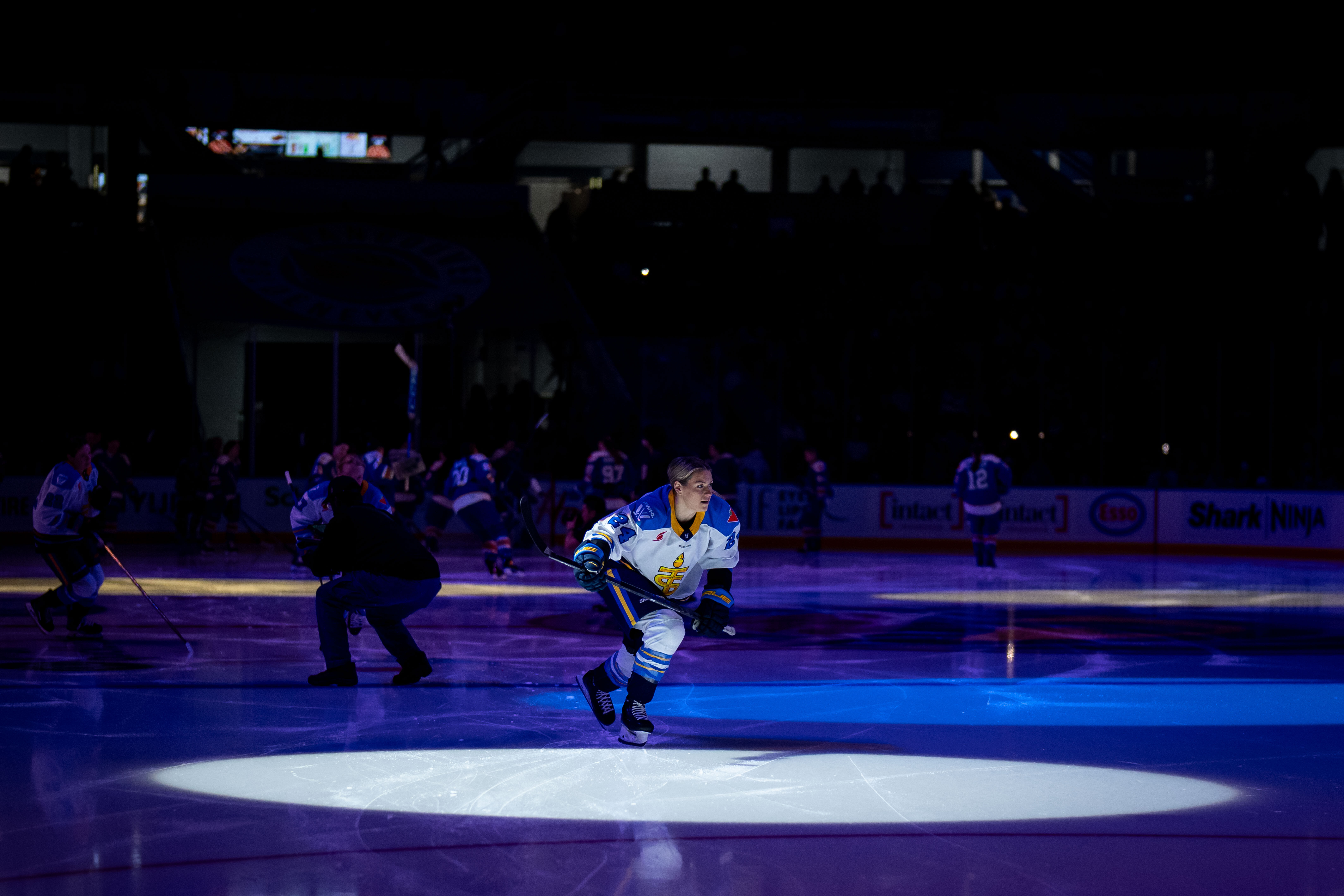 Toronto Sceptres' Natalie Spooner, center, enters the ice before a PWHL hockey game against the Vancouver Goldeneyes in Vancouver, British Columbia, Thursday, Jan. 22, 2026. 