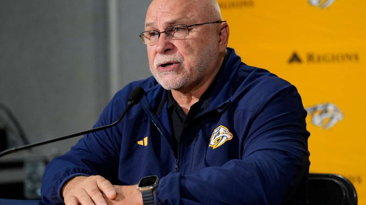 FILE - Nashville Predators general manager Barry Trotz responds to questions during a news conference at the team's NHL hockey training camp Sept. 19, 2024, in Nashville, Tenn.