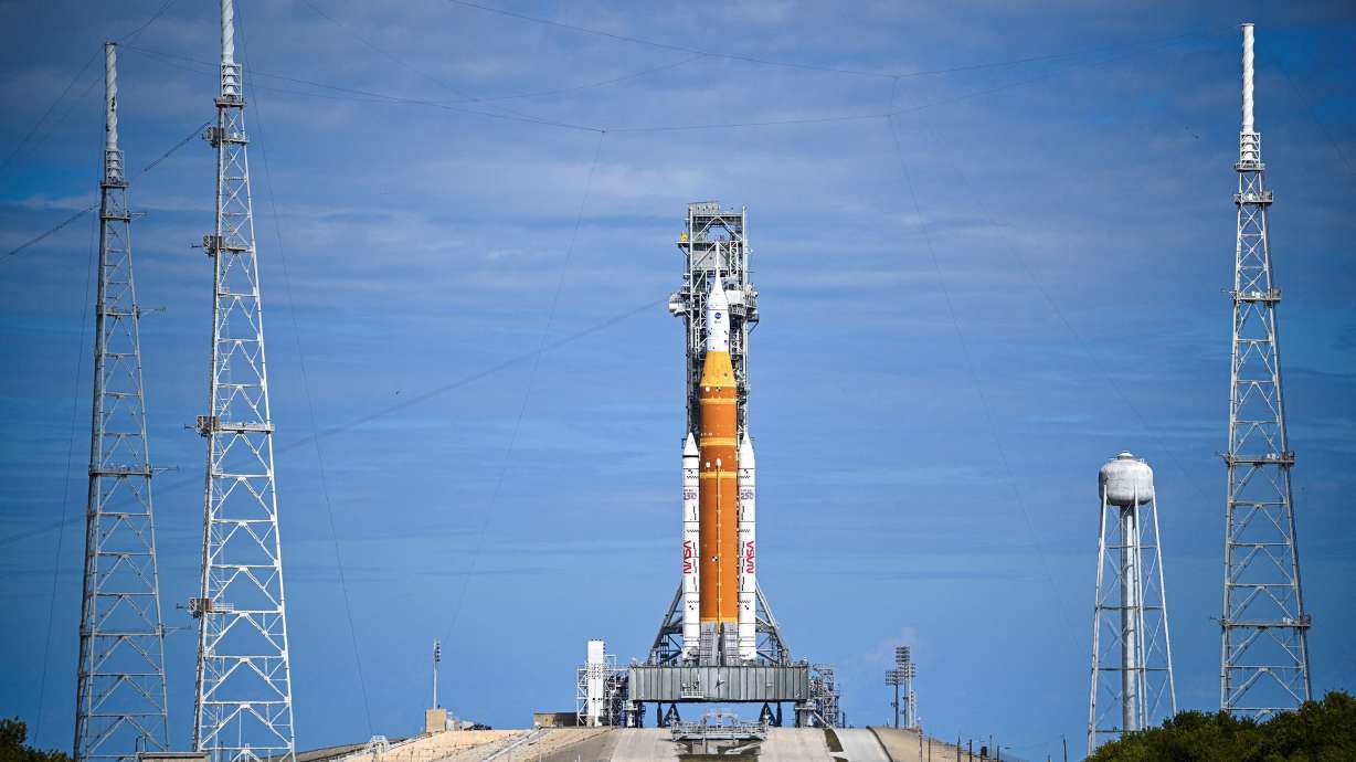 The Space Launch System (SLS) rocket and the Orion spacecraft, integrated for the Artemis II mission, are seen at Launch Pad 39B at Kennedy Space Center in Cape Canaveral, Florida, on Friday.