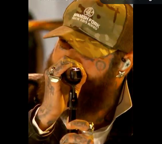 Post Malone performs at the Grammys with a Spanish Fork rodeo hat on Sunday.