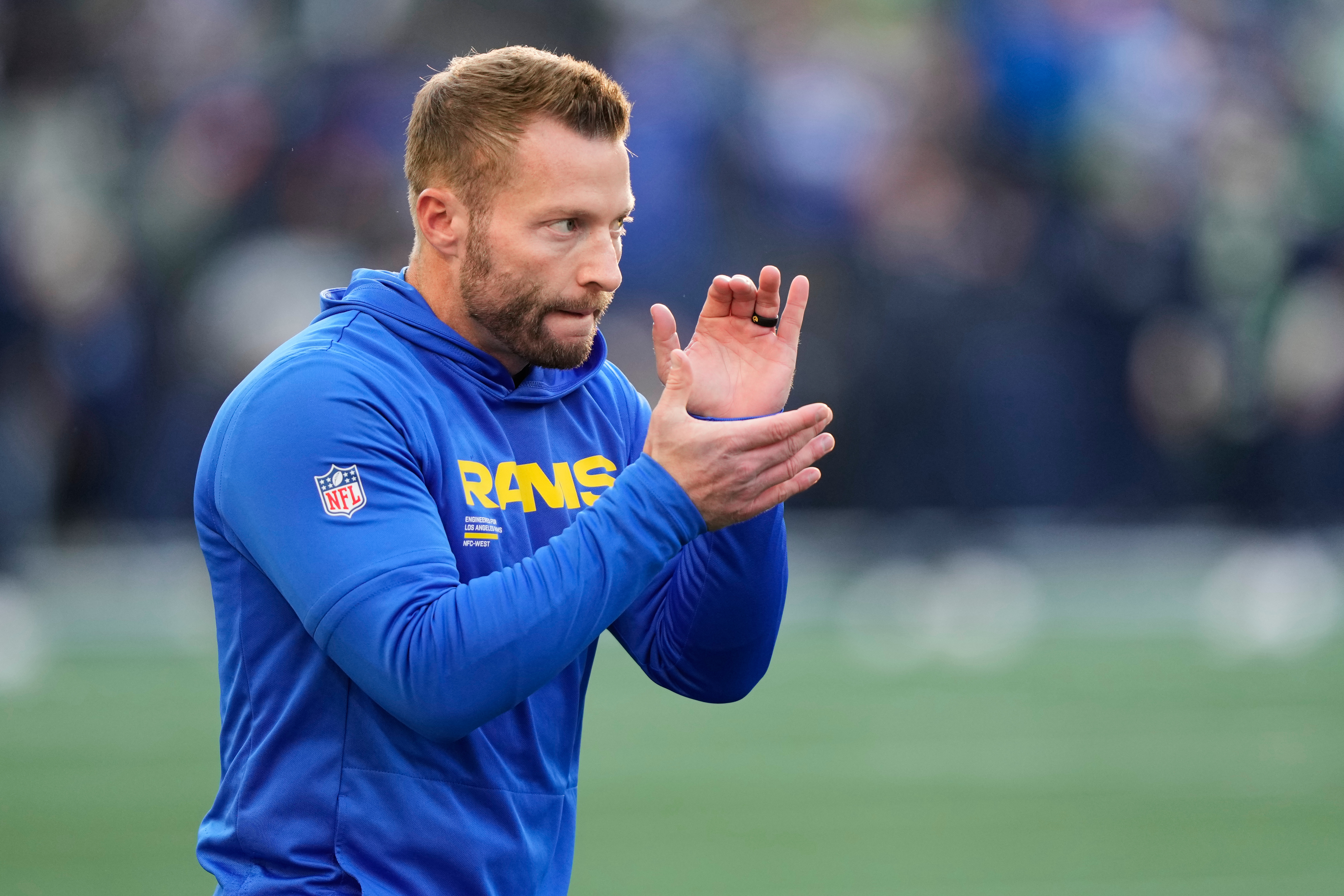 Los Angeles Rams head coach Sean McVay reacts as players warm up before the NFC Championship NFL football game against the Seattle Seahawks, Sunday, Jan. 25, 2026, in Seattle. 