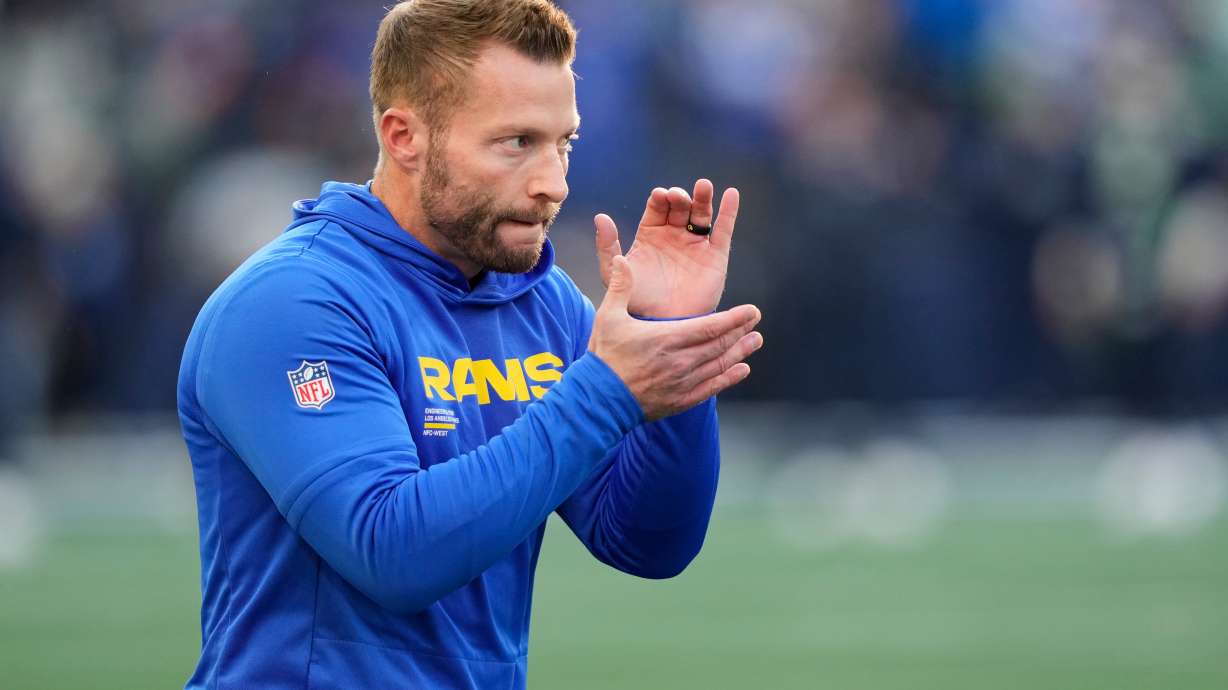 Los Angeles Rams head coach Sean McVay reacts as players warm up before the NFC Championship NFL football game against the Seattle Seahawks, Sunday, Jan. 25, 2026, in Seattle.