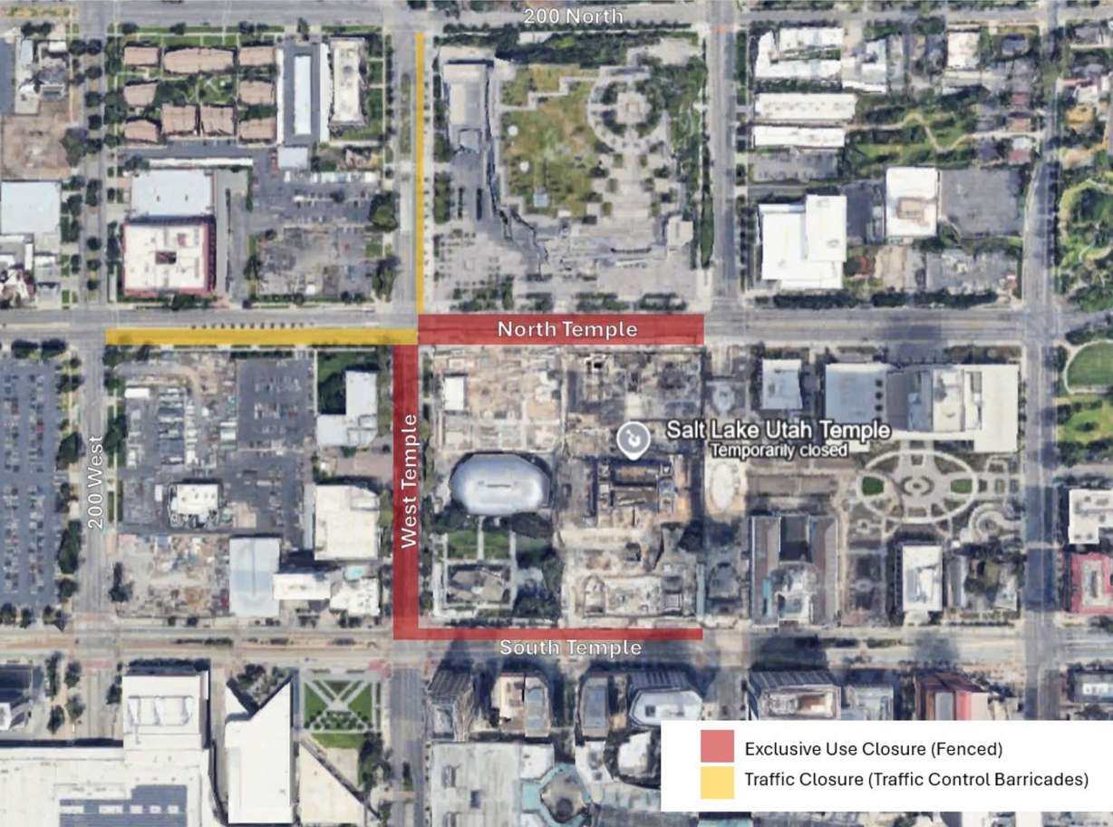 A map of road closures next to Temple Square for the Salt Lake Temple open house in 2027. The streets could be closed from March 1 through Oct. 31 in 2027 to support open house traffic.