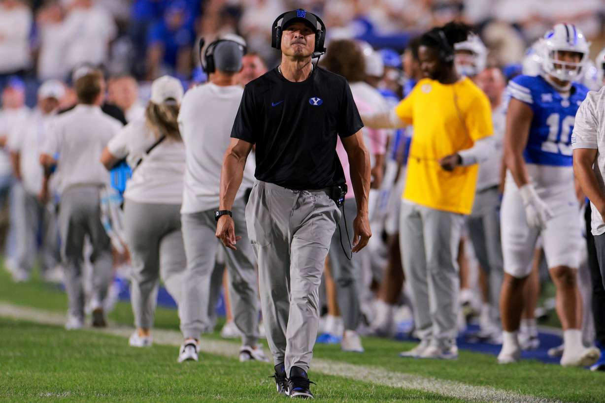 Brigham Young senior analyst Chad Kauha'aha'a looks on during the game against the Stanford Cardinal at LaVell Edwards Stadium in Provo on Saturday, Sept. 6, 2025.