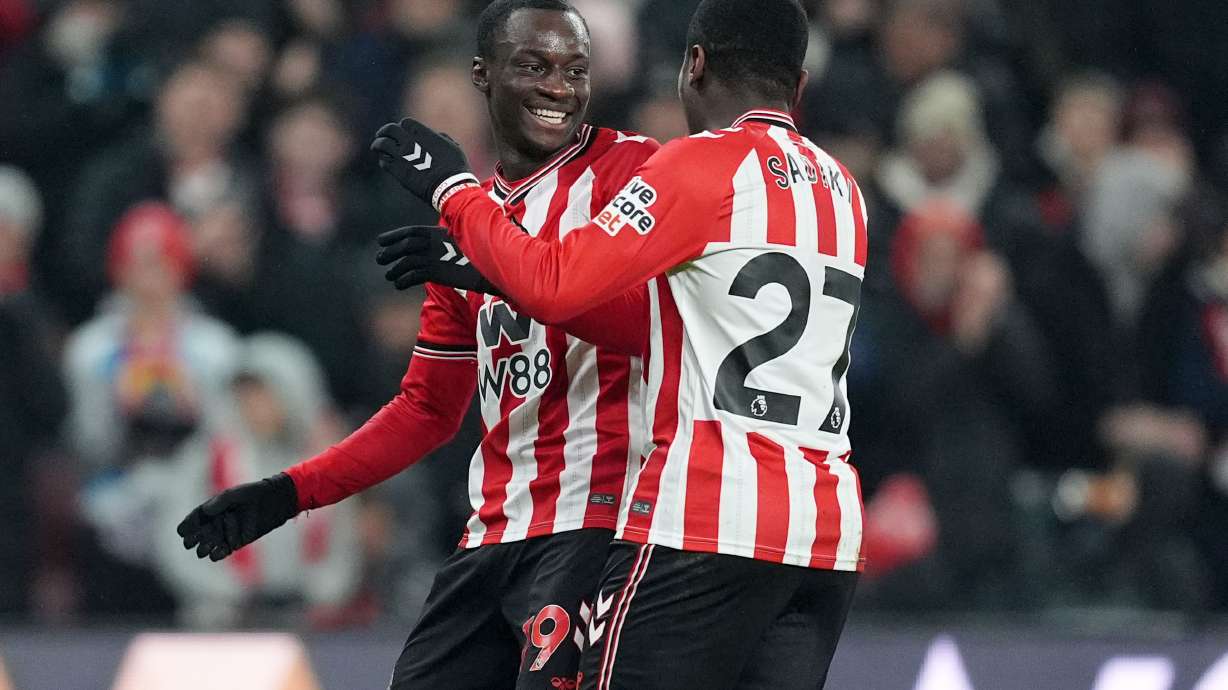 Sunderland's Habib Diarra, left, celebrates scoring his team's second goal against Burnley at the Stadium of Light in Sunderland, Monday, Feb. 2, 2026.