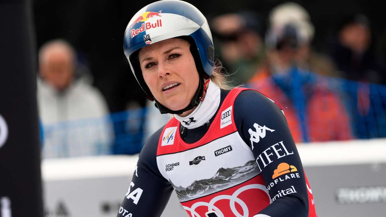 United States' Lindsey Vonn at the finish line after crashing, during an alpine ski, women's World Cup downhill, in Crans Montana, Switzerland, Friday. She said Tuesday that she is confident that she can race at the Olympics with a ruptured ACL in her left knee.