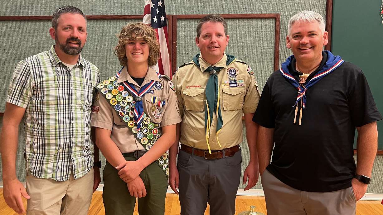 Miles Lamb earned all 141 merit badges Scouting America offers, joining an elite group. He's pictured with his uncle David Lamb, his father Robert Lamb and another uncle, Jim Lamb. All four are Eagle Scouts.