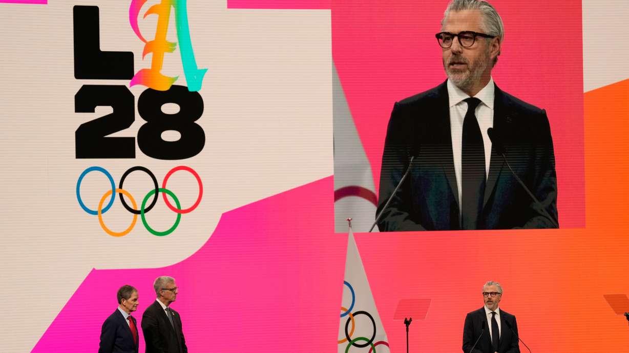 Casey Wasserman, Chairman of the Los Angeles Organizing Committee for the 2028 Olympic and Paralympic Games speaks during an IOC meeting ahead of the 2026 Winter Olympics, in Milan, Italy, Tuesday, Feb. 3, 2026.