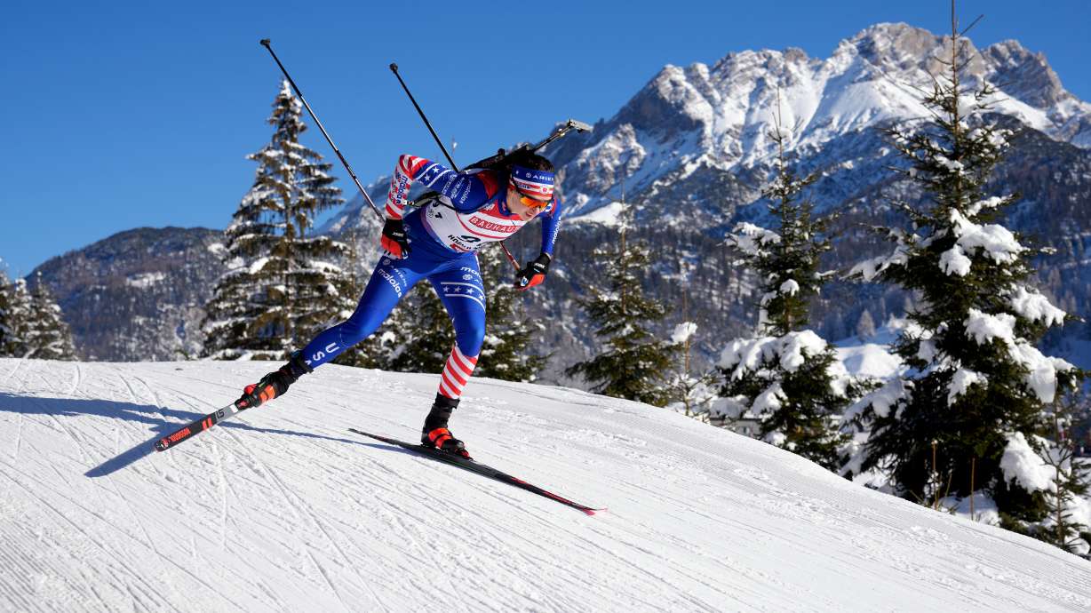 FILE - Lucinda Anderson, of the United States, competes in the women's 7.5 km sprint competition at the Biathlon World Cup in Hochfilzen, Austria, Dec. 13, 2024.