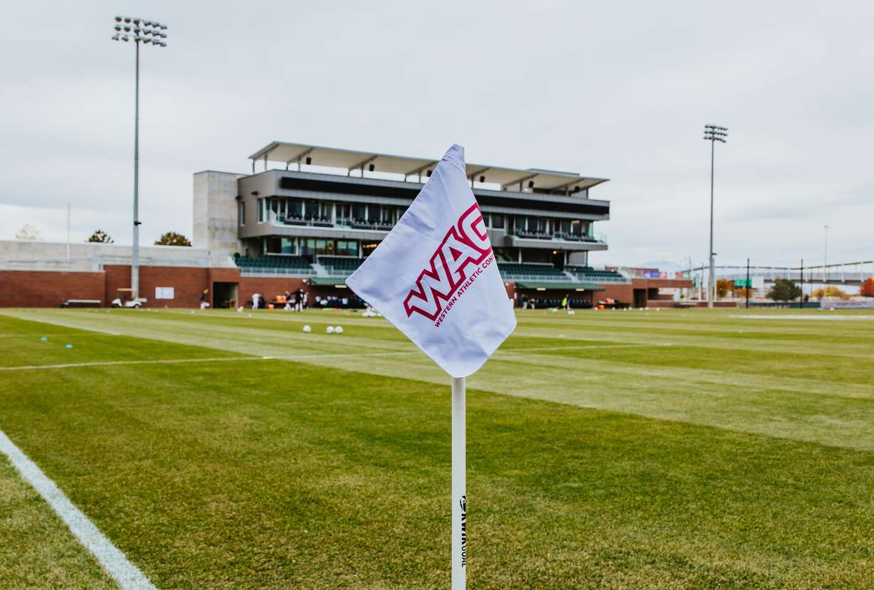 A flag with the Western Athletic Conference logo hangs over the field at UCCU Stadium at Utah Valley University, Wednesday, Nov. 5, 2026 during the WAC women's soccer tournament in Orem, Utah.