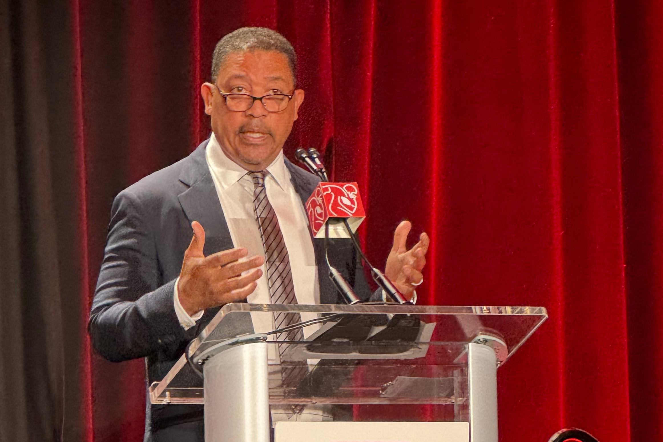 NFL Players Association interim executive director David White speaks at the union’s annual news conference, Tuesday, Feb. 3, 2026, in San Francisco, ahead of the Super Bowl 60 NFL football game between the New England Patriots and the Seattle Seahawks. 