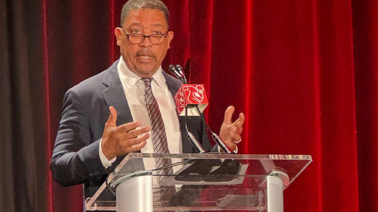 NFL Players Association interim executive director David White speaks at the union’s annual news conference, Tuesday, Feb. 3, 2026, in San Francisco, ahead of the Super Bowl 60 NFL football game between the New England Patriots and the Seattle Seahawks.