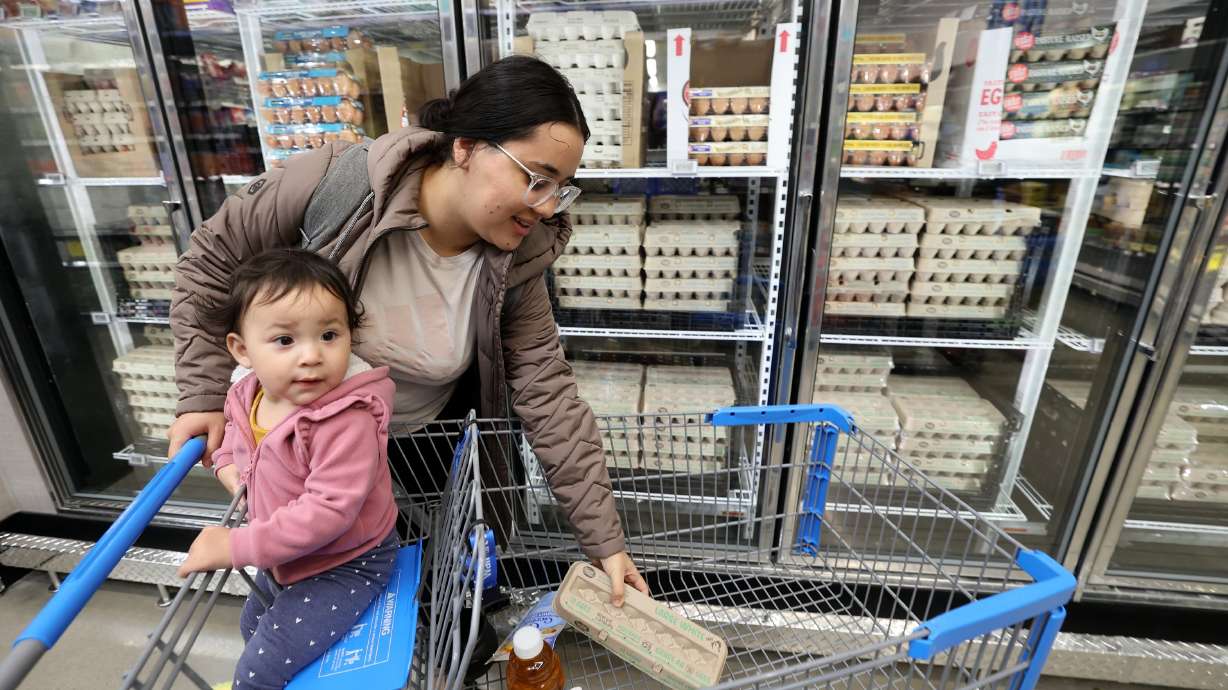 Ana Acevedo buys eggs with Anahi Hurtado at a Walmart Supercenter in West Valley City on Oct. 31. Groceries are Utahns' single biggest worry about the economy besides inflation, according to a new Deseret News poll.