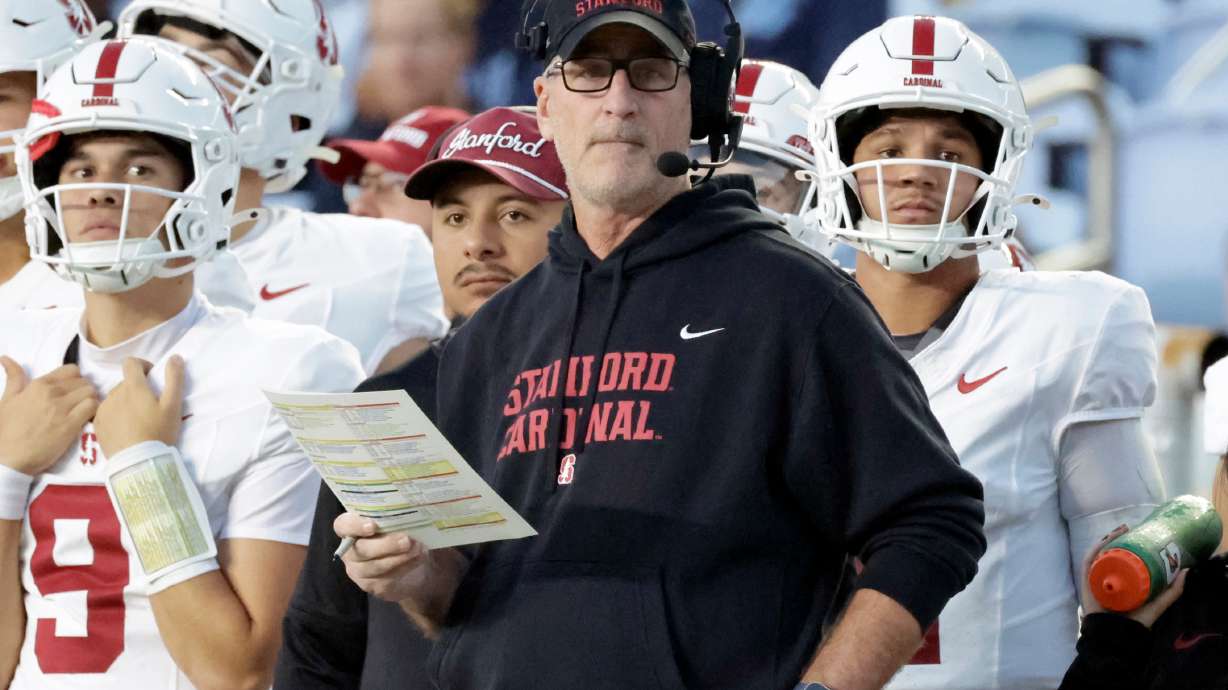 FILE - Stanford head coach Frank Reich watches during the first half of an NCAA college football game against North Carolina, Nov. 8, 2025, in Chapel Hill, N.C.