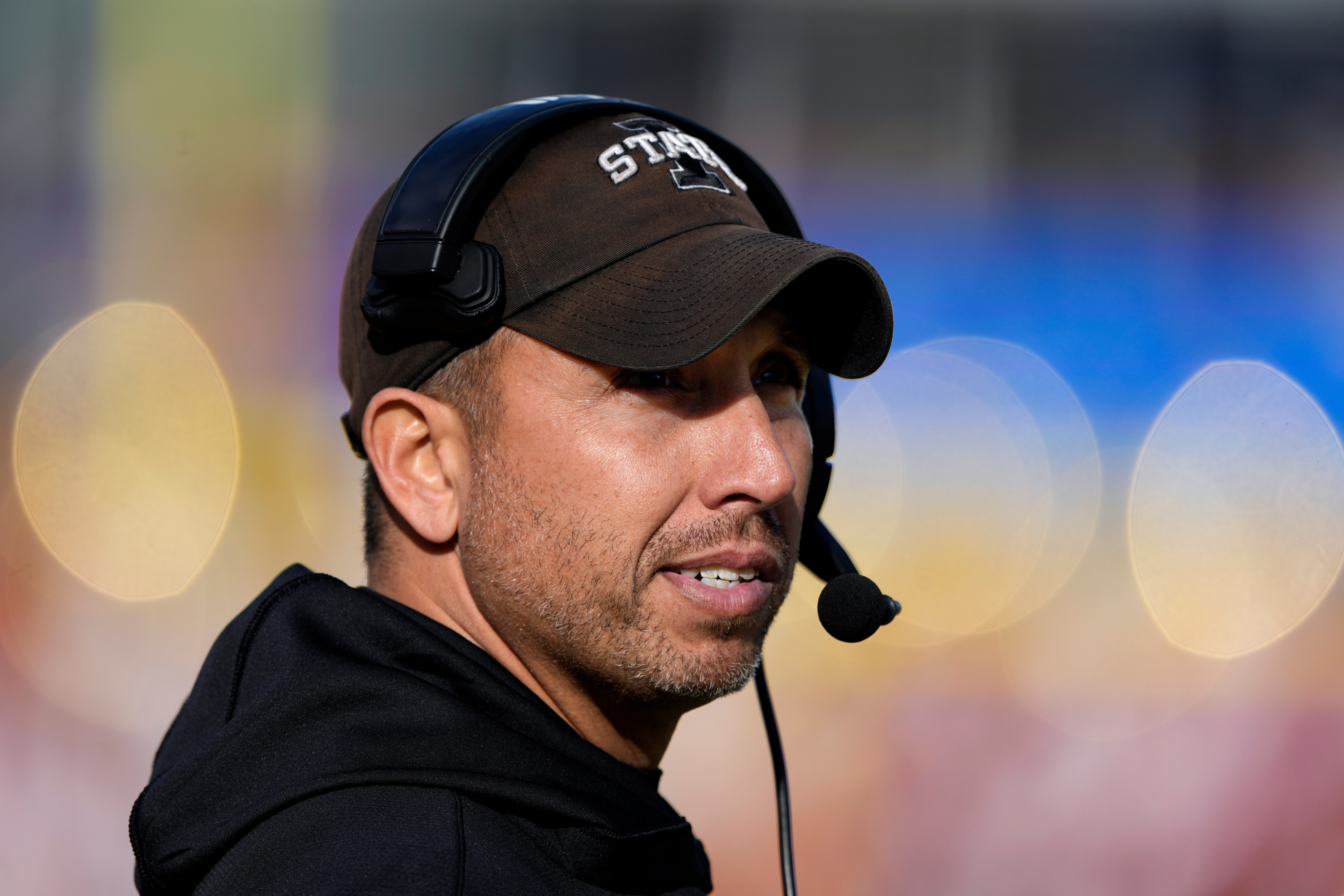 FILE - Former Iowa State head coach Matt Campbell, now head coach at Penn State, looks toward the scoreboard during the second half of an NCAA college football game against Kansas, Nov. 22, 2025, in Ames, Iowa. 