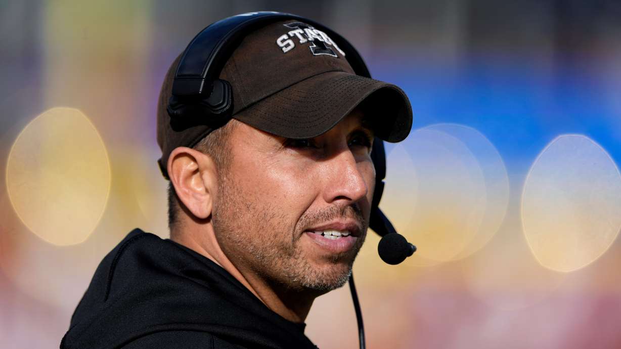 FILE - Former Iowa State head coach Matt Campbell, now head coach at Penn State, looks toward the scoreboard during the second half of an NCAA college football game against Kansas, Nov. 22, 2025, in Ames, Iowa.