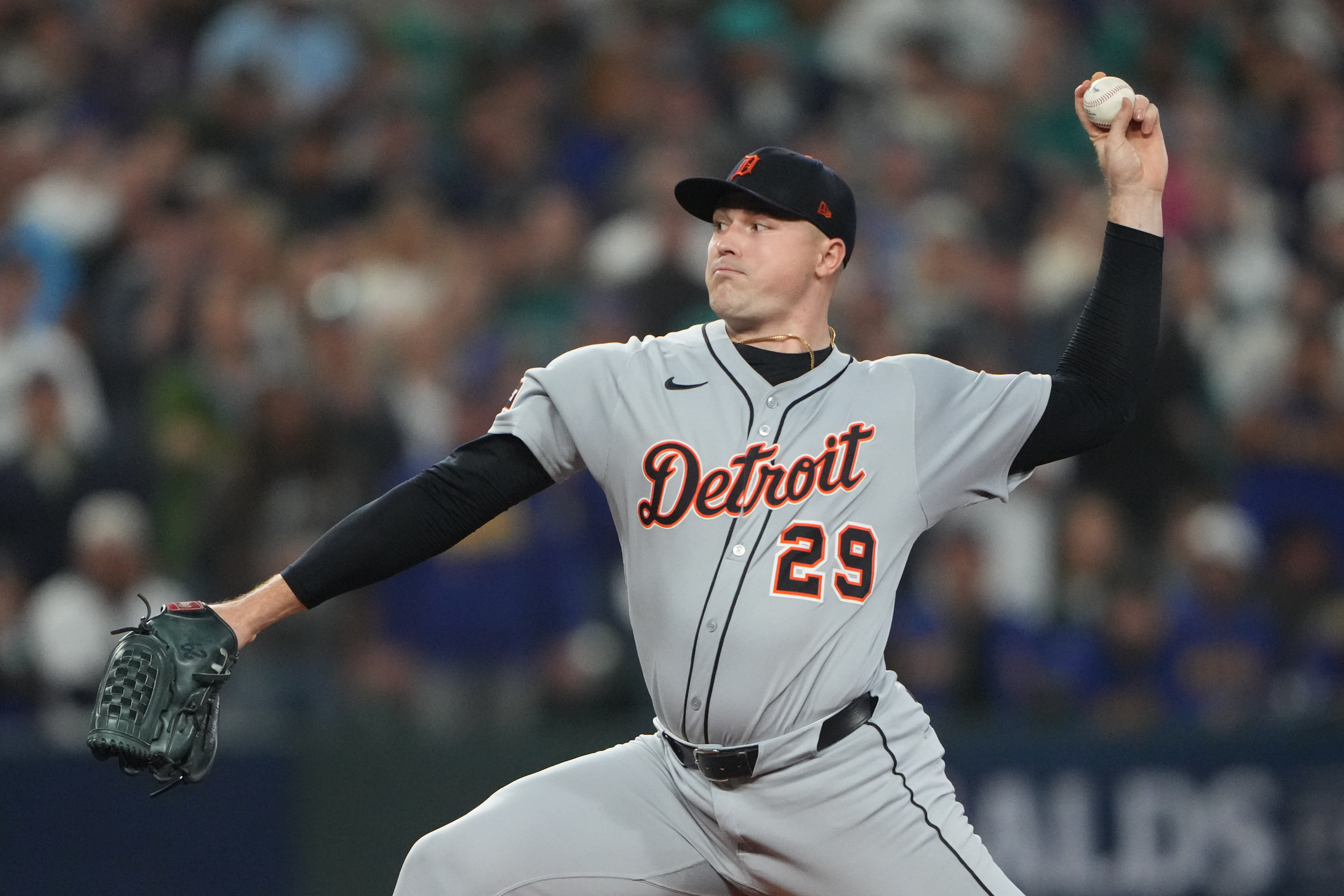FILE - Detroit Tigers pitcher Tarik Skubal throws during the first inning in Game 5 of baseball's American League Division Series against the Seattle Mariners, Oct. 10, 2025, in Seattle. 