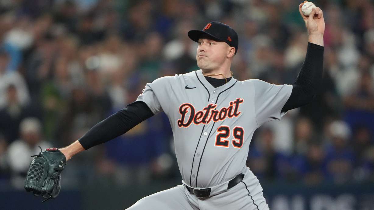 FILE - Detroit Tigers pitcher Tarik Skubal throws during the first inning in Game 5 of baseball's American League Division Series against the Seattle Mariners, Oct. 10, 2025, in Seattle.