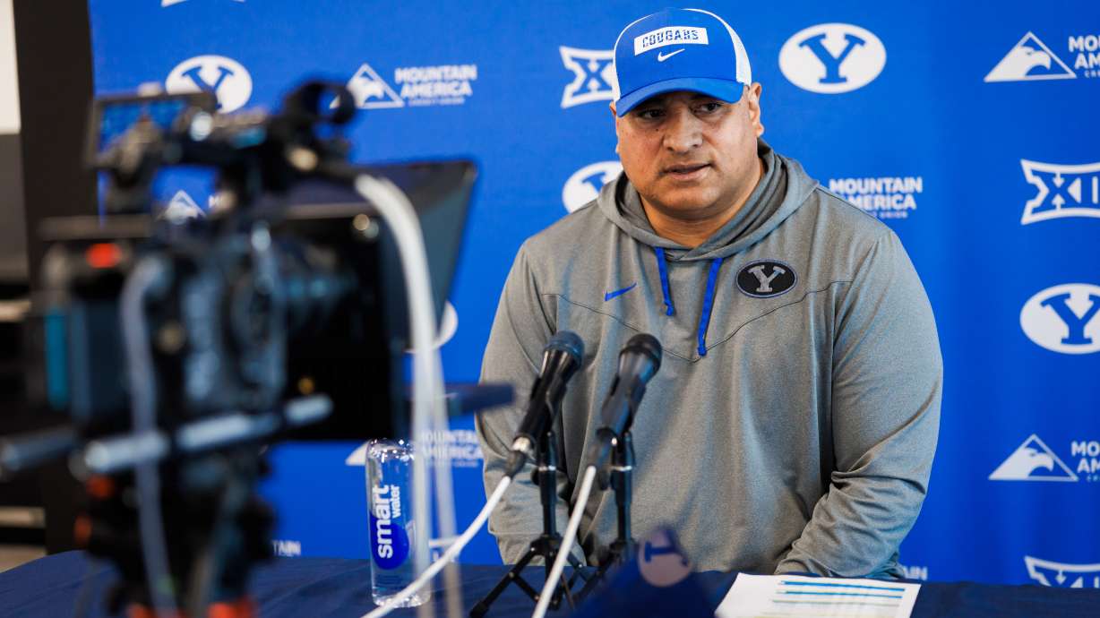 BYU head coach Kalani Sitake speaks with reporters during a signing day press conference, Wednesday, Feb. 4, 2026 in Provo, Utah.