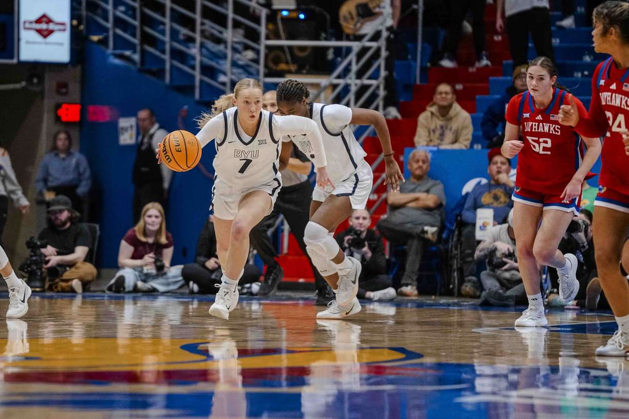 BYU freshman Olivia Hamlin leads a counter during an 81-60 loss to Kansas, Wednesday, Feb. 4, 2026 in Lawrence, Kansas.