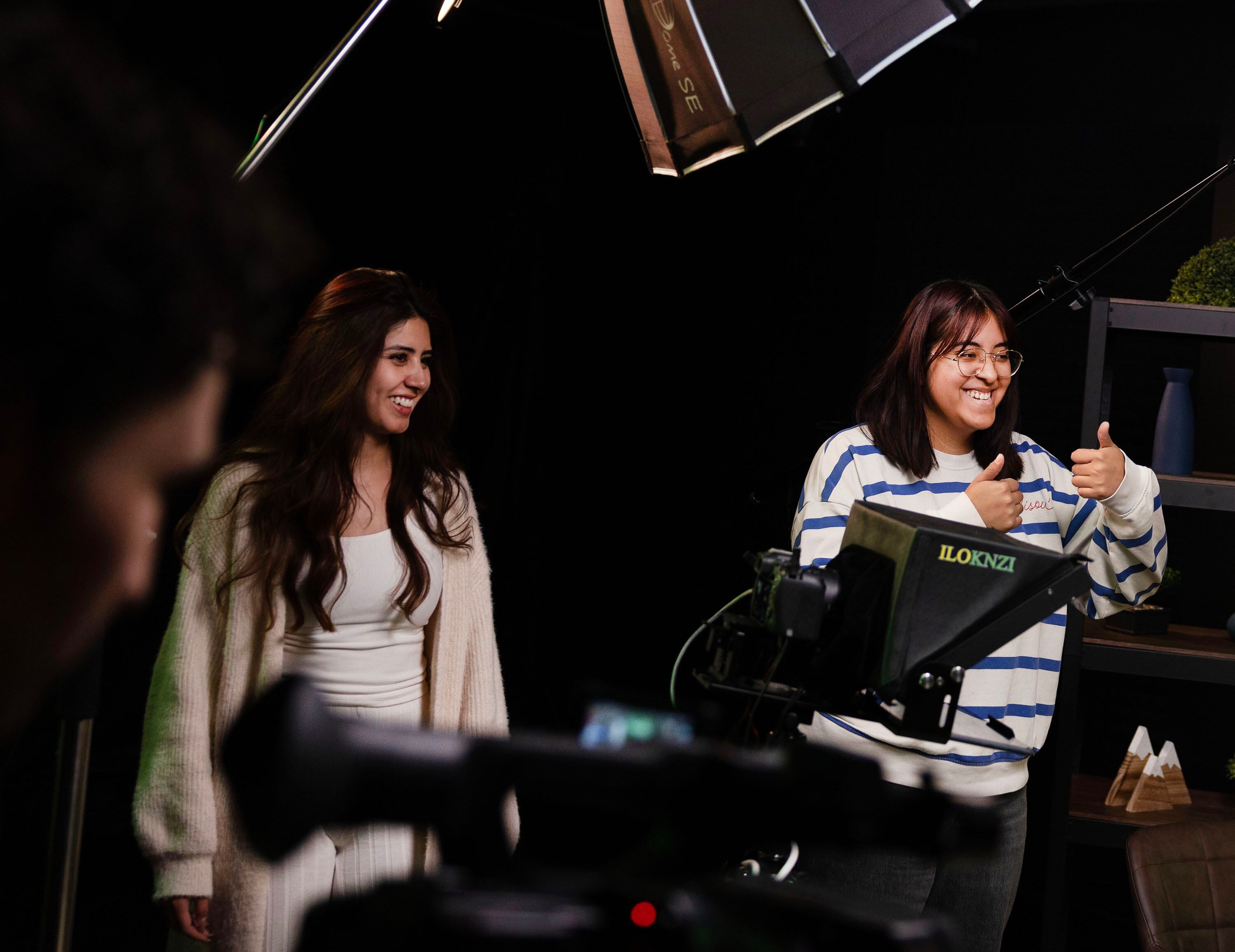 Ensign College students Maribel Camacho and Denis Cano prepare for recording a podcast with the president of the college at Ensign College in Salt Lake City on Wednesday. Communications is part of the three-year bachelor's degrees the school will now offer.