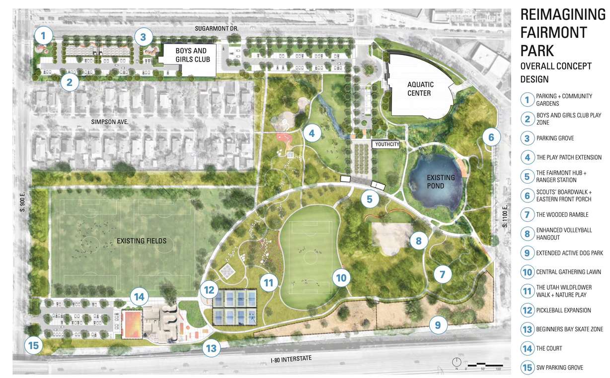 A rendering of what the future of Fairmont Park will look like in Salt Lake City's Sugar House neighborhood. Construction on the first phase of the project could begin in early 2027.