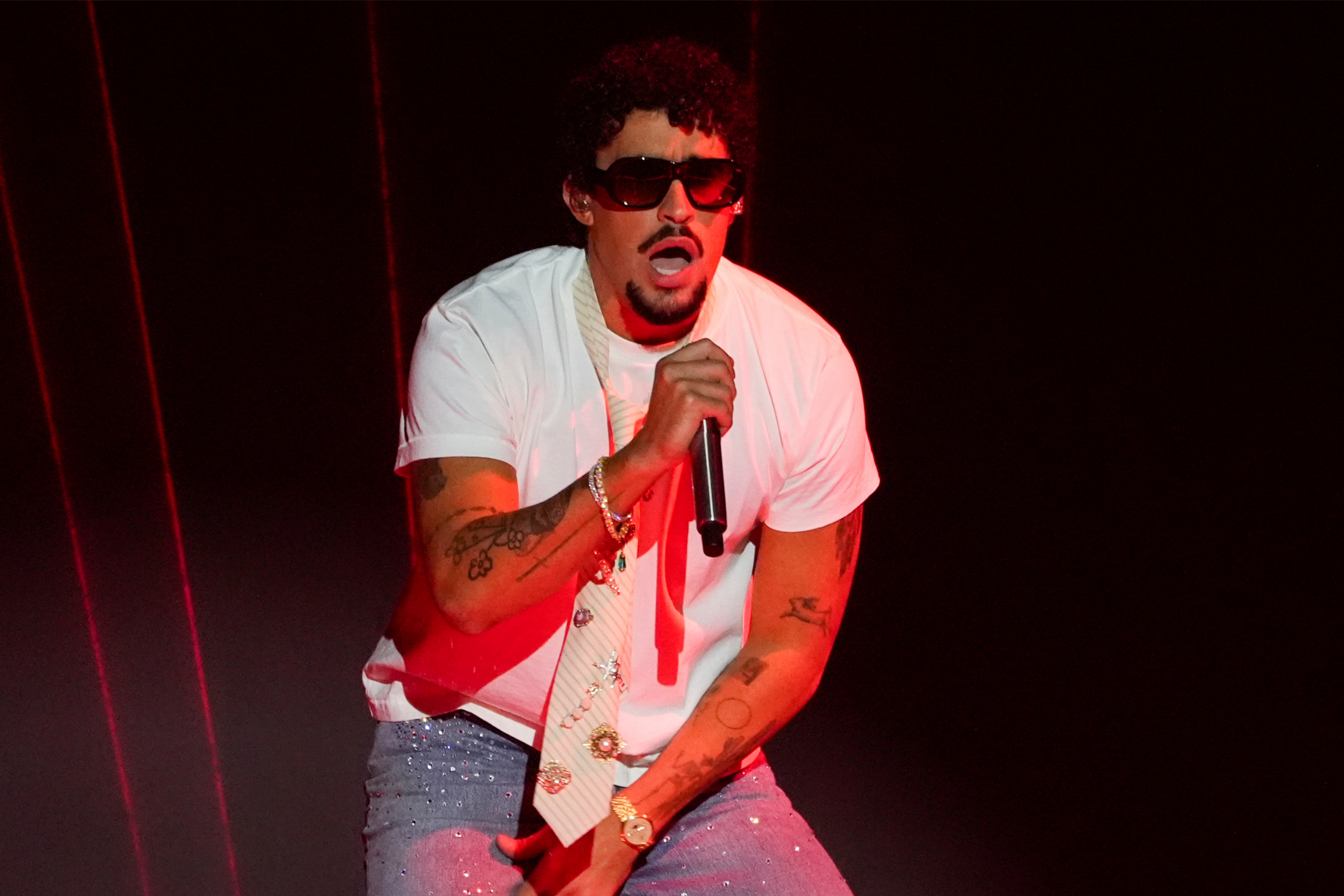 FILE - Bad Bunny performs during the iHeartRadio Music Awards in Los Angeles on March 17, 2025. 