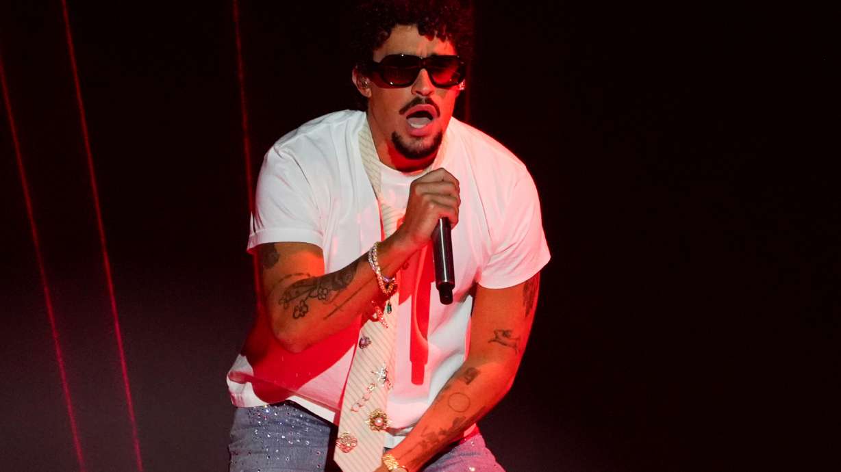 FILE - Bad Bunny performs during the iHeartRadio Music Awards in Los Angeles on March 17, 2025.