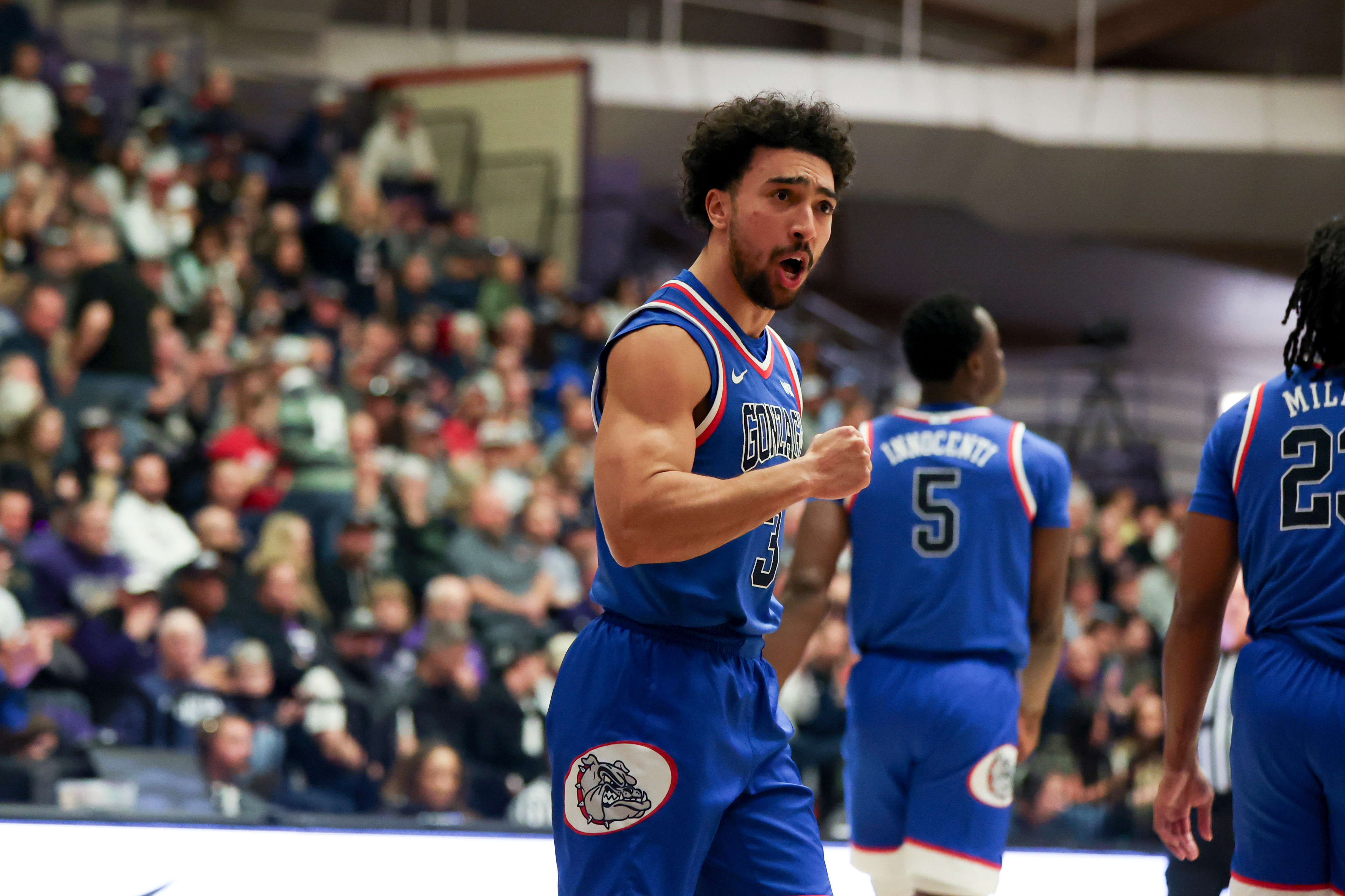 Gonzaga guard Braeden Smith (3) reacts during the second half of an NCAA college basketball game against Portland in Portland, Ore., Wednesday, Feb. 4, 2026. 