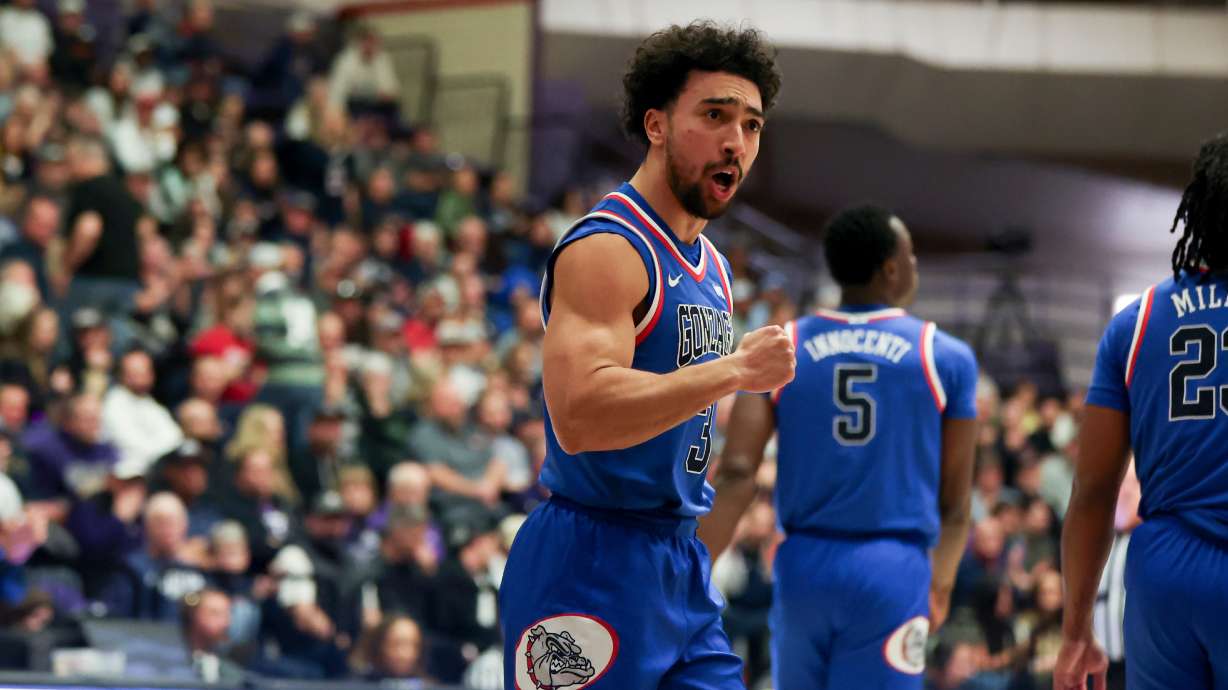 Gonzaga guard Braeden Smith (3) reacts during the second half of an NCAA college basketball game against Portland in Portland, Ore., Wednesday, Feb. 4, 2026.