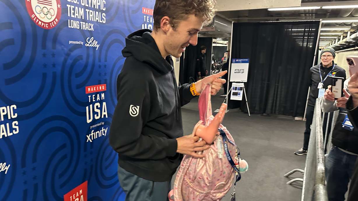 Speedskater Casey Dawson of Park City, Utah, speaks to the media at the U.S. Olympic trials for long track speedskating at the Pettit National Ice Center in Milwaukee, Jan. 4, 2026.