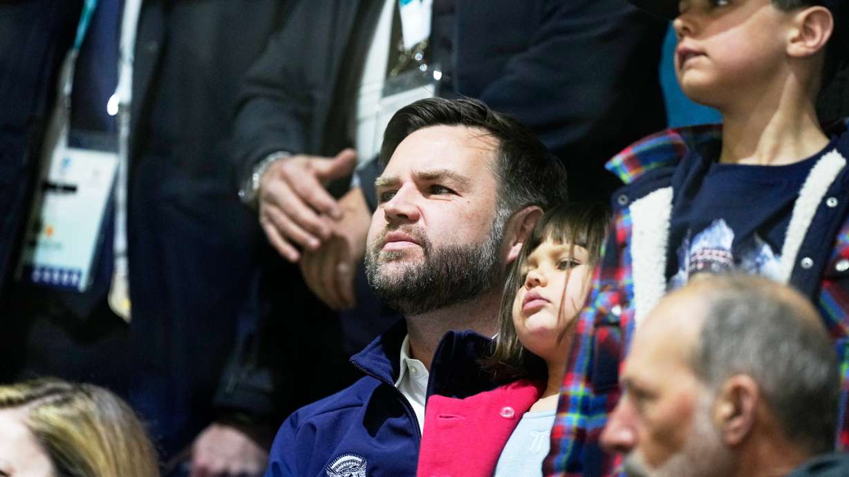 Vice President JD Vance, center, attends a preliminary round match of women's ice hockey between United States and Czechia at the 2026 Winter Olympics, in Milan, Italy, Thursday, Feb. 5, 2026.