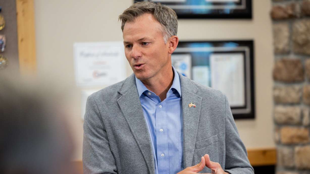 Rep. Blake Moore, R-Utah, speaks to the media after the U.S. Chamber, Salt Lake Chamber and Ogden-Weber Chamber hosted a tax roundtable at SymbolArts in Ogden on July 30.