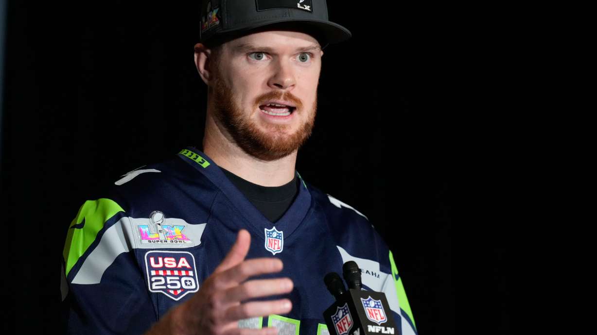 Seattle Seahawks quarterback Sam Darnold (14) speaks during a news conference on Thursday, Feb. 5, 2026, in San Jose, Calif., ahead of Super Bowl 60 between the New England Patriots and the Seattle Seahawks.