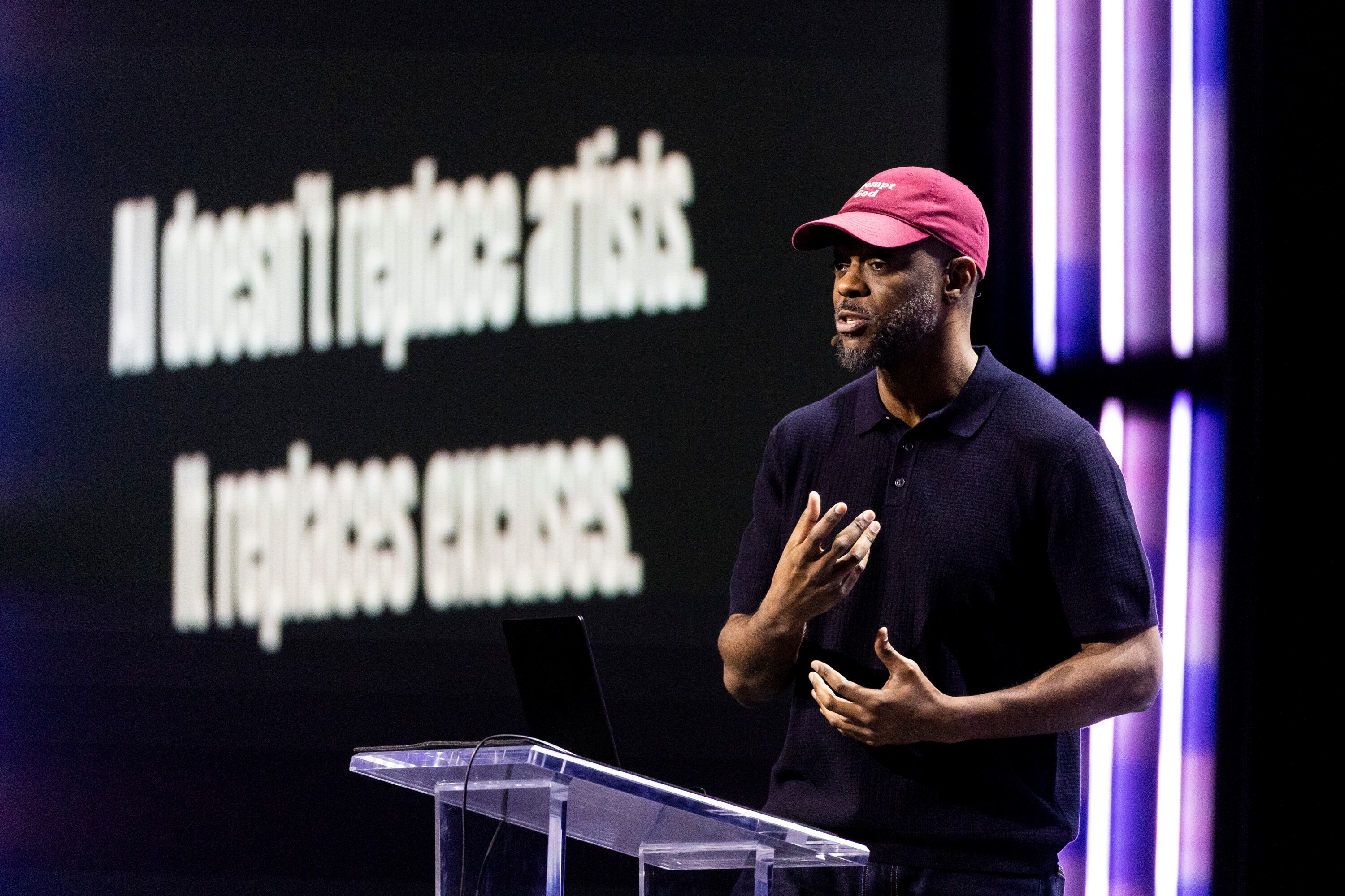 Willonius Hatcher, an AI storyteller known as King Willonius, speaks during the Silicon Slopes Summit at the Salt Palace Convention Center in Salt Lake City on Thursday.
