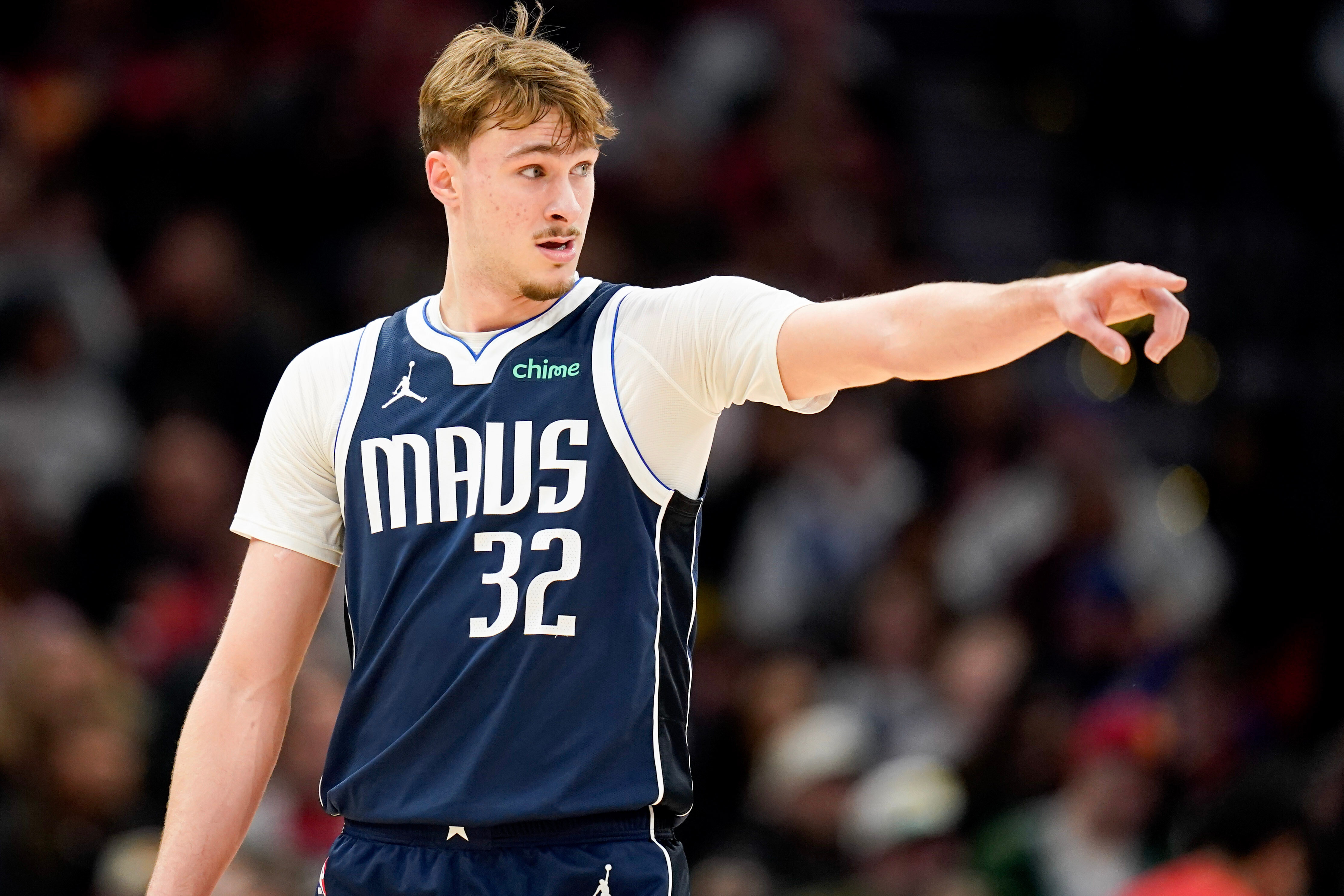Dallas Mavericks forward Cooper Flagg gives instructions during the first half of an NBA basketball game against the Houston Rockets, Saturday, Jan. 31, 2026, in Houston. 