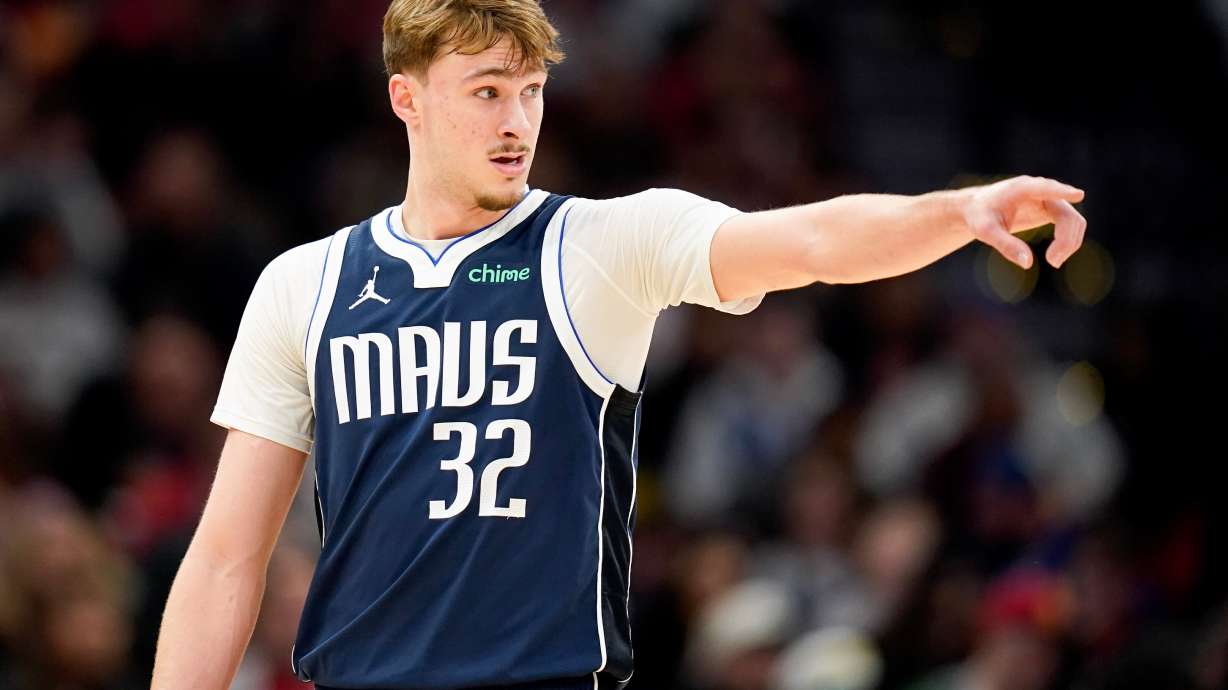 Dallas Mavericks forward Cooper Flagg gives instructions during the first half of an NBA basketball game against the Houston Rockets, Saturday, Jan. 31, 2026, in Houston.