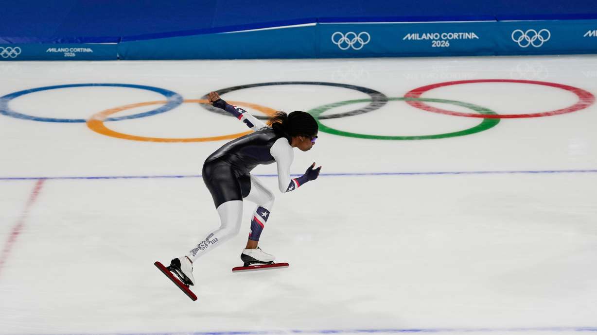 United States' Erin Jackson warms up during a speedskating training session at the 2026 Winter Olympics, in Milan, Italy, Thursday, Feb. 5, 2026.