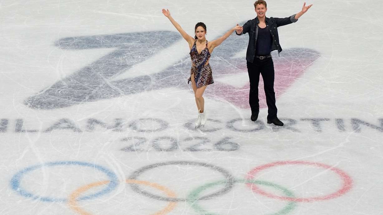 Madison Chock and Evan Bates of the United States compete during the figure skating ice dance team event at the 2026 Winter Olympics, in Milan, Italy, Friday, Feb. 6, 2026.