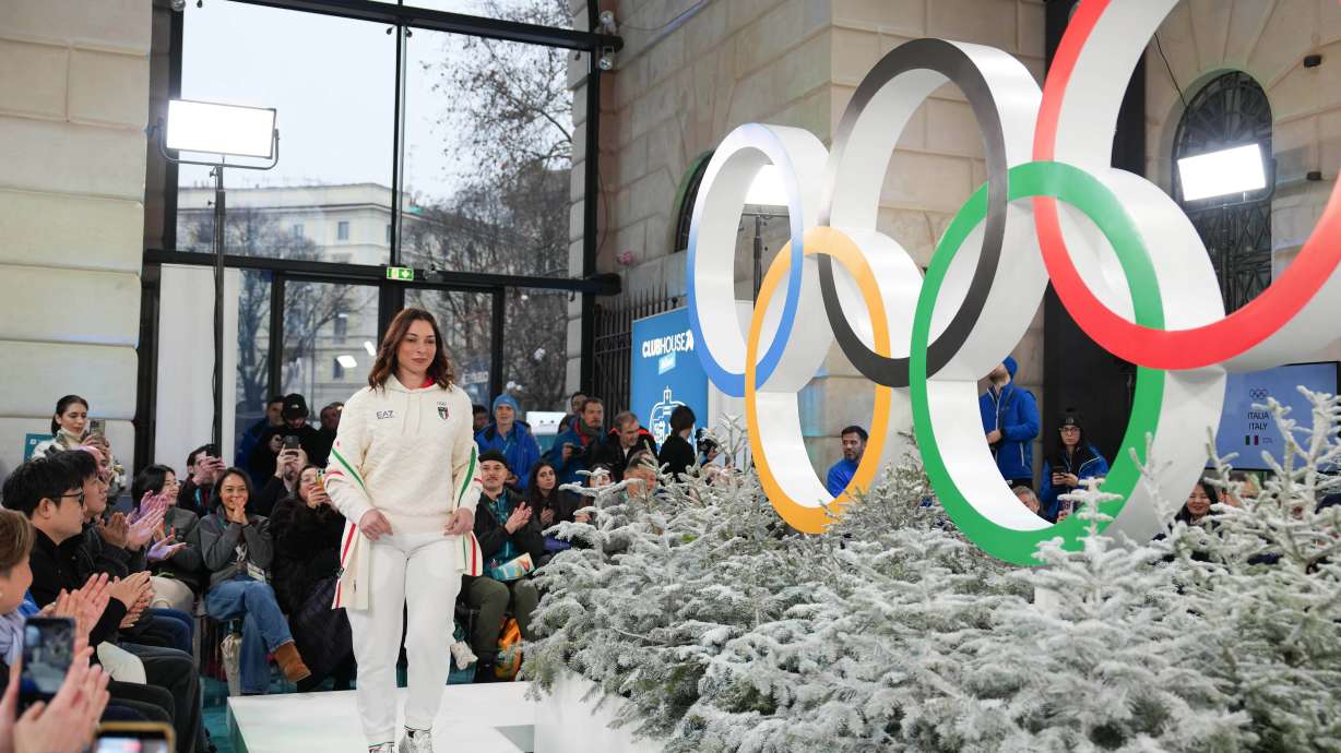 Mara Navarria of Italy presents an outfit during a fashion show ahead of the 2026 Winter Olympics, in Milan, Italy, Wednesday, Feb. 4, 2026.