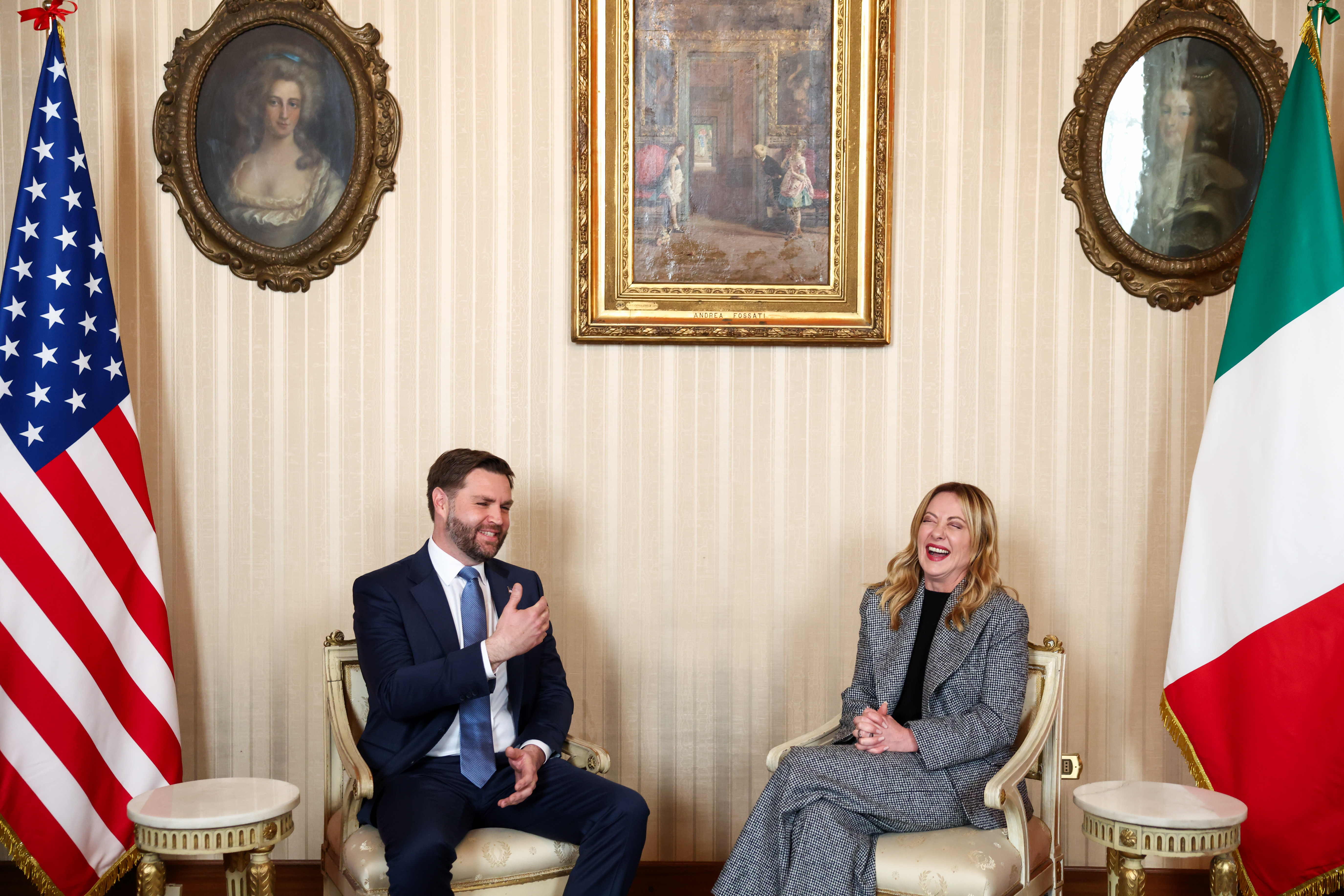 Italy's Prime Minister Giorgia Meloni, right, and US Vice President JD Vance hold a bilateral meeting during his visit to the 2026 Winter Olympics, in Milan, Italy, Friday, Feb. 6, 2026. 
