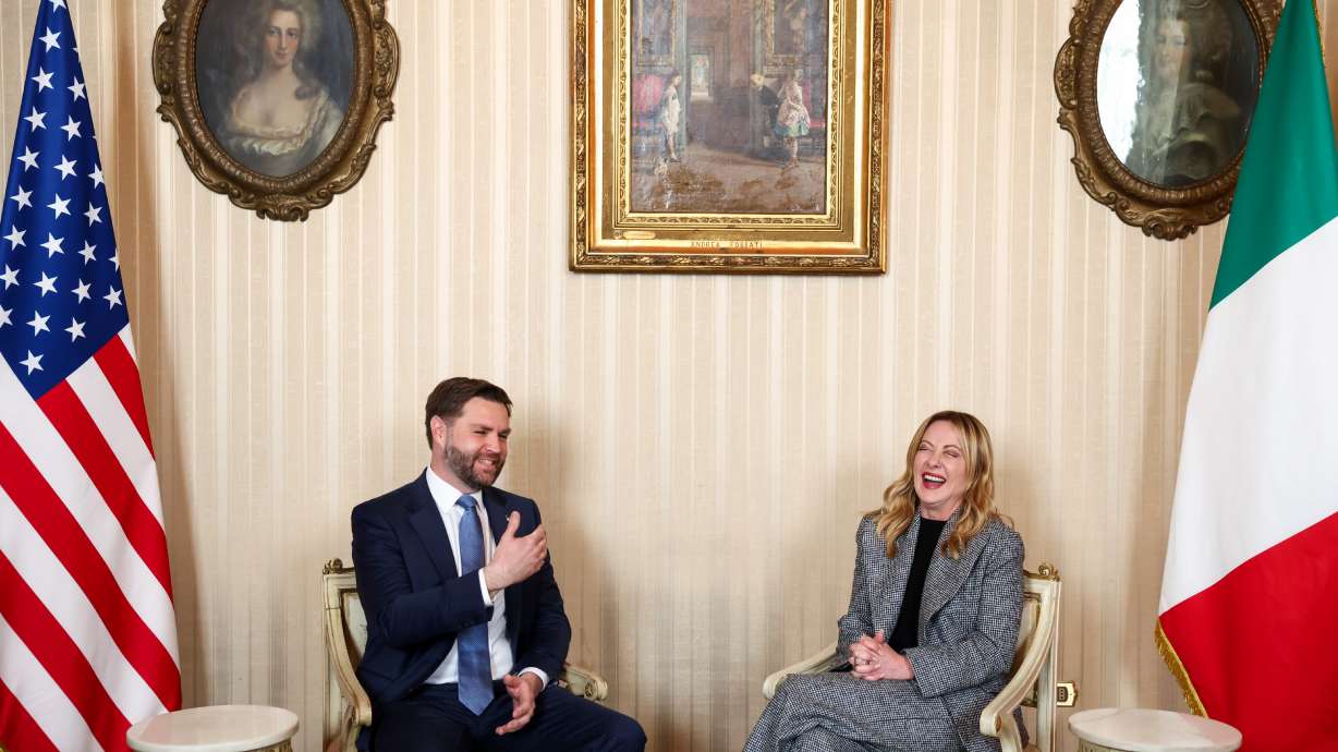 Italy's Prime Minister Giorgia Meloni, right, and US Vice President JD Vance hold a bilateral meeting during his visit to the 2026 Winter Olympics, in Milan, Italy, Friday, Feb. 6, 2026.