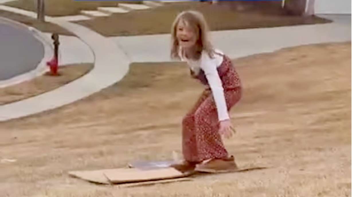Given the lack of snowfall this season, a Lehi family adapted, using cardboard boxes to slide down a grassy slope in their neighborhood in a video posted by the Weather Channel on Thursday.