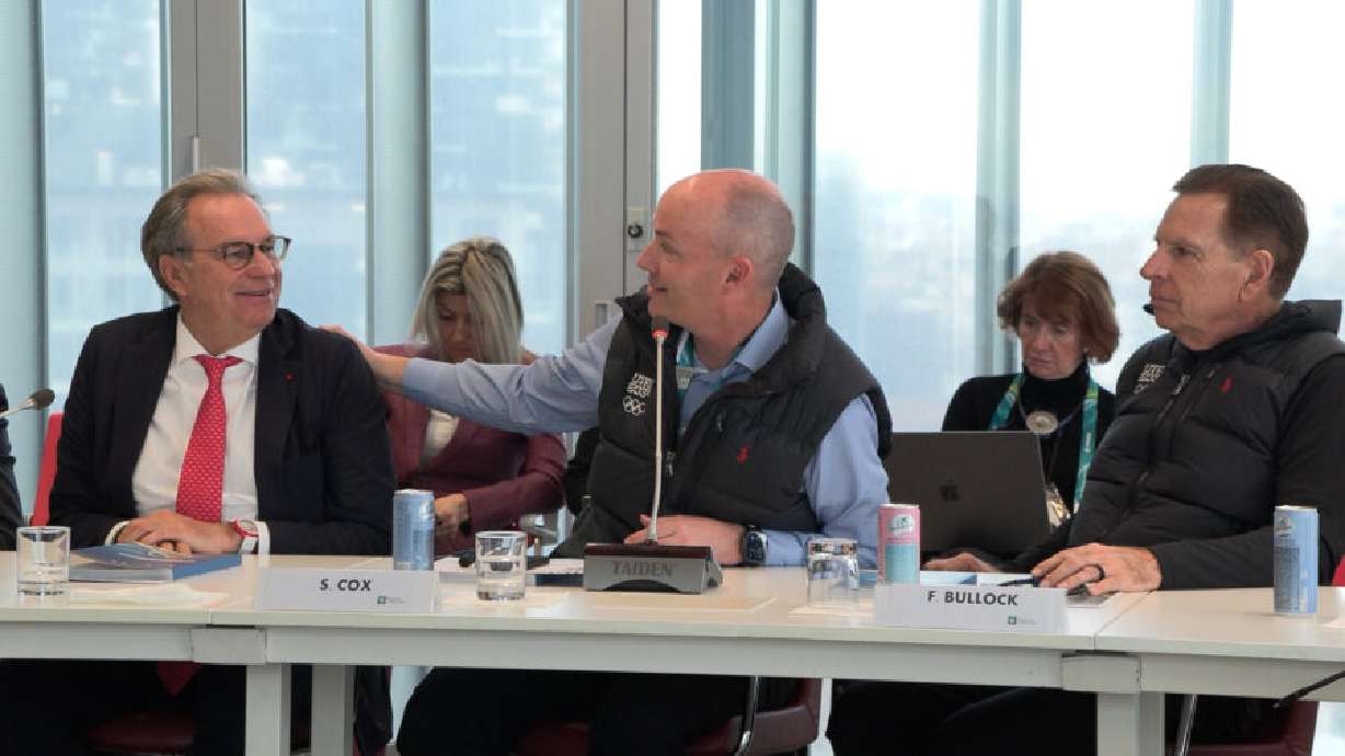Utah Gov. Spencer Cox and Utah 2034 Organizing Committee Chairman Fraser Bullock meet with representatives from Italian and French delegations on Friday. The delegations signed a memorandum of agreement to cooperate on future Olympic Games.